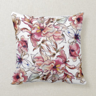 Burgundy Pink and Blue Floral Garland Watercolor Cushion