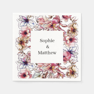 Burgundy Pink and Blue Floral Garland Watercolor Napkin