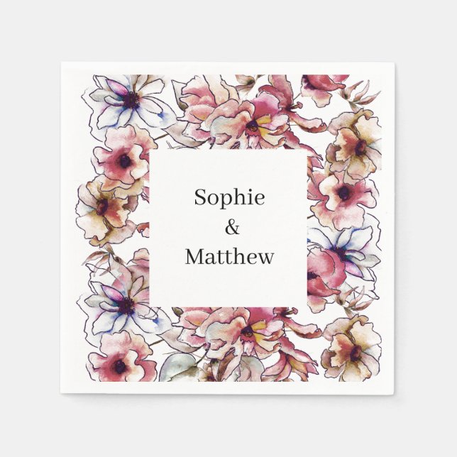 Burgundy Pink and Blue Floral Garland Watercolor Napkin (Front)