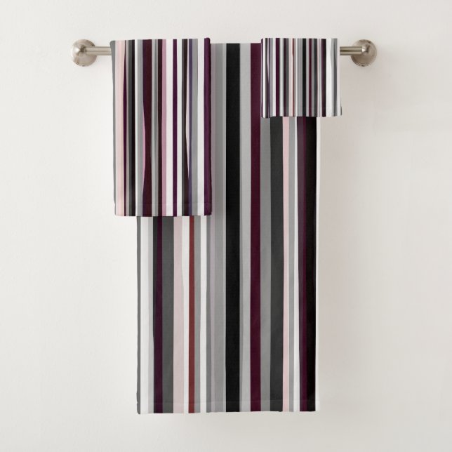 Burgundy, pink and Grey Abstract Stripes Bath Towel Set (Insitu)