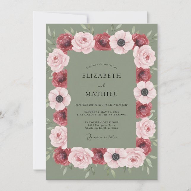 Burgundy Pink Anemone Wedding Invitation (Front)