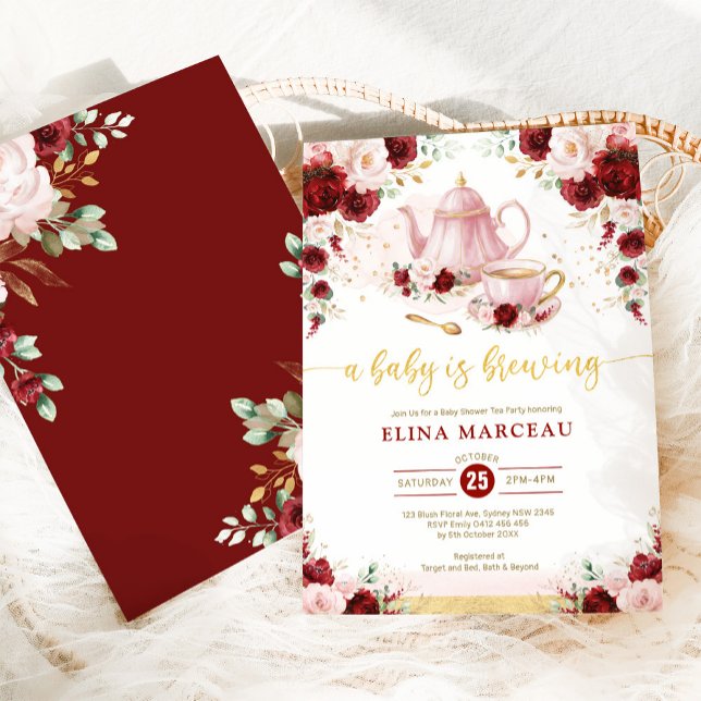 Burgundy Pink Baby is Brewing Shower Tea Party Invitation (Creator Uploaded)