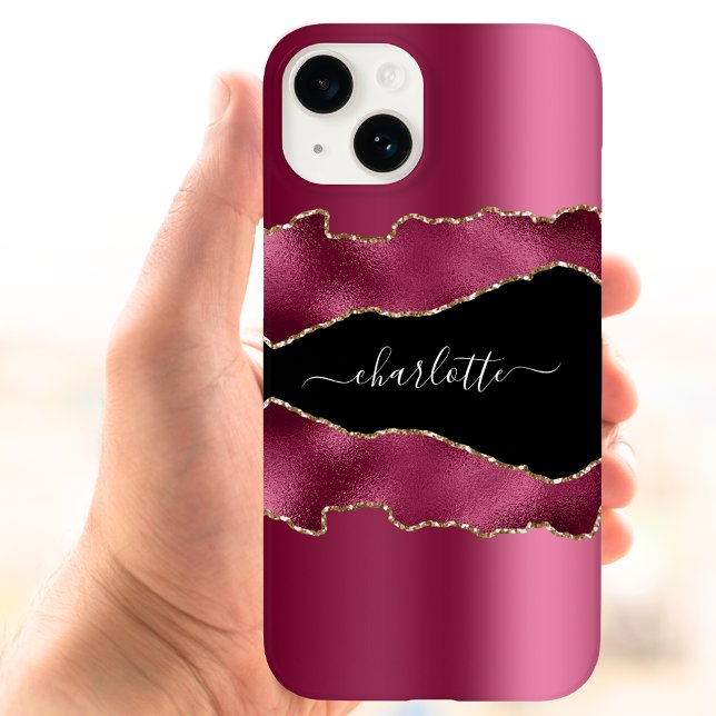 Burgundy pink black agate marble name script iPhone case (Creator Uploaded)