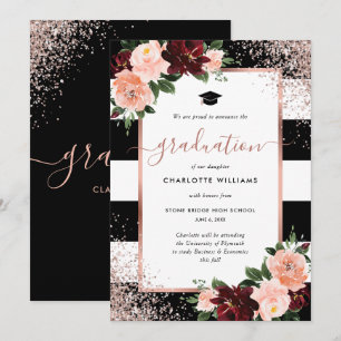 Burgundy Pink Black Rose Gold Floral Graduation Announcement