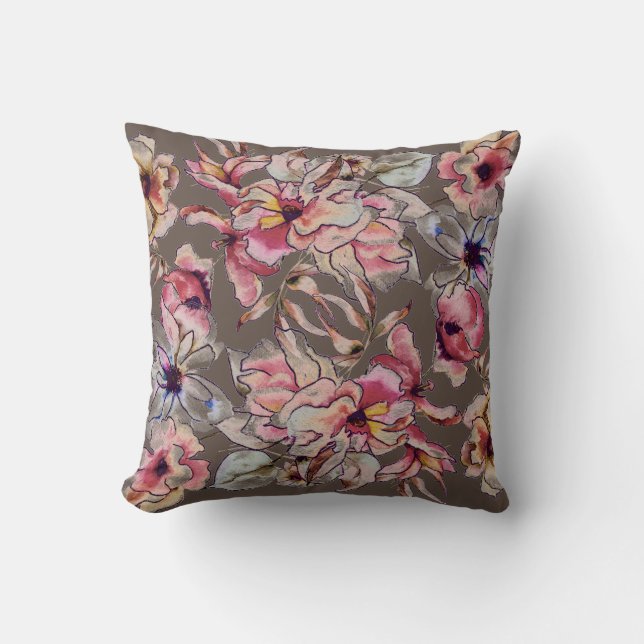 Burgundy Pink Blue Floral Garland Watercolor Brown Cushion (Front)