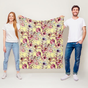 Burgundy Pink Blue Floral Garland Watercolor Fleece Blanket