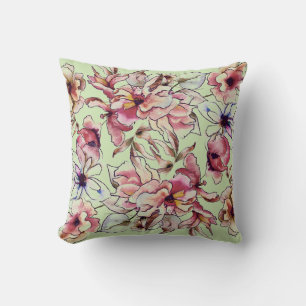 Burgundy Pink Blue Green Floral Garland Watercolor Cushion