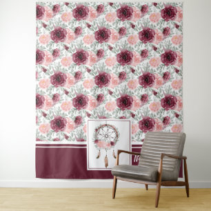 Burgundy Pink Blush Floral Dreamcatcher Pattern Tapestry