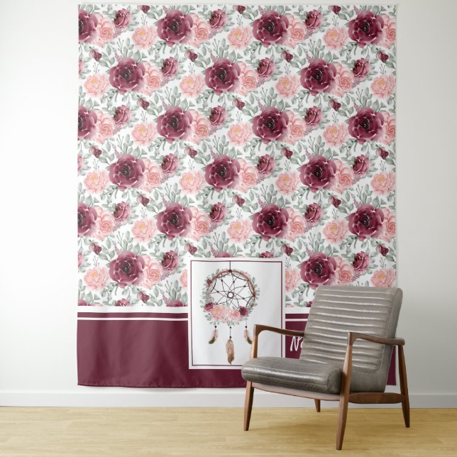Burgundy Pink Blush Floral Dreamcatcher Pattern Tapestry (In Situ)