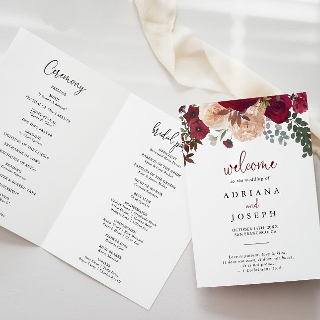 Burgundy Pink Blush Floral Folded Wedding   Programme (Creator Uploaded)