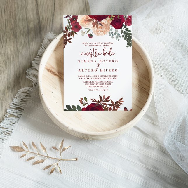Burgundy Pink Blush Floral Nuestra Boda Wedding  Invitation (Creator Uploaded)