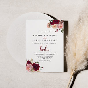 Burgundy Pink Blush Floral Spanish Wedding Invitation