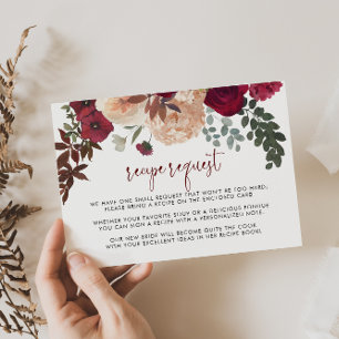 Burgundy Pink Blush Floral Wedding Recipe Request  Enclosure Card