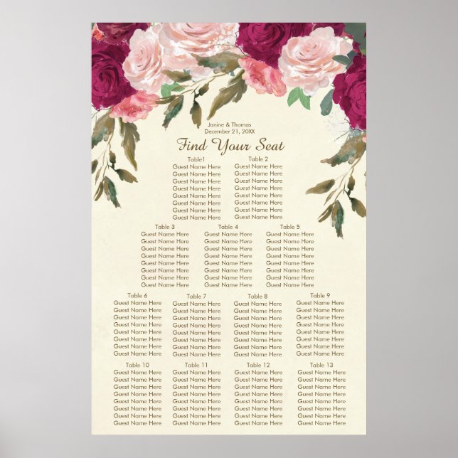 burgundy pink blush floral wedding seating chart (Front)