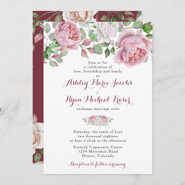Burgundy Pink Chic Rose Floral Wedding Invitation (Front/Back)