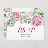 Burgundy Pink Chic Rose Floral Wedding RSVP Invitation Postcard (Front/Back)