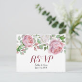 Burgundy Pink Chic Rose Floral Wedding RSVP Invitation Postcard (Standing Front)