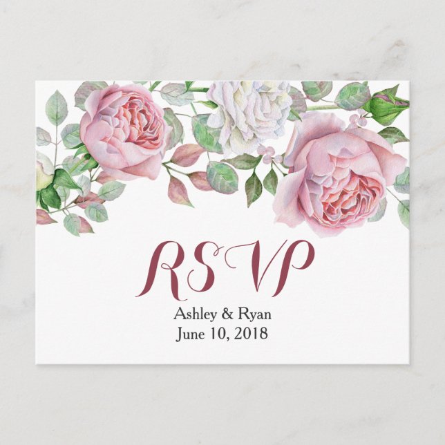 Burgundy Pink Chic Rose Floral Wedding RSVP Invitation Postcard (Front)