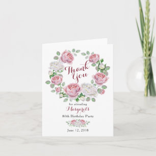 Burgundy Pink Country Rose 80th Birthday Thank You Card