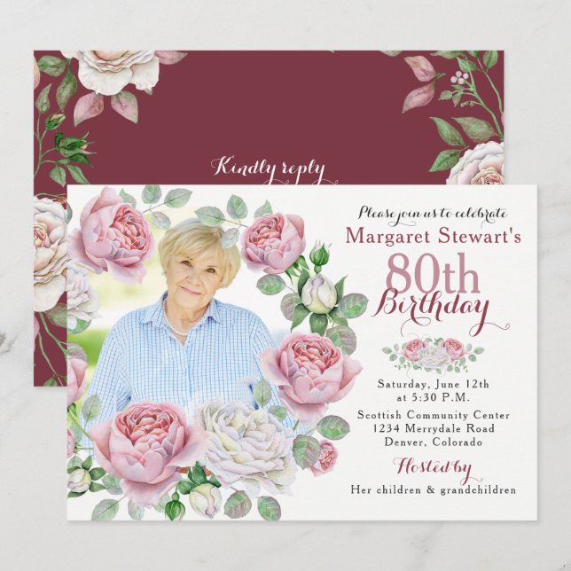 Burgundy Pink Country Rose Wreath Photo Birthday Invitation (Front/Back)