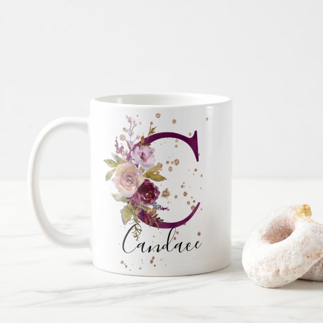 Burgundy Pink Cream Floral Letter C Monogram Coffee Mug (With Donut)