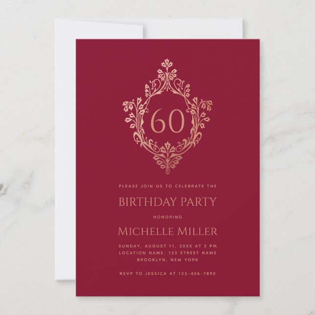 Burgundy Pink Crest Elegant Feminine 60th Birthday Invitation (Front)