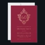 Burgundy Pink Crest Elegant Feminine 60th Birthday Invitation<br><div class="desc">This elegant, feminine pink and burgundy birthday invitation with a vintage air has a vintage floral crest in faux rose gold, that has the age in it. All text can be personalised and has a pink colour similar to the rose gold crest. The background is burgundy. The vintage floral crest...</div>