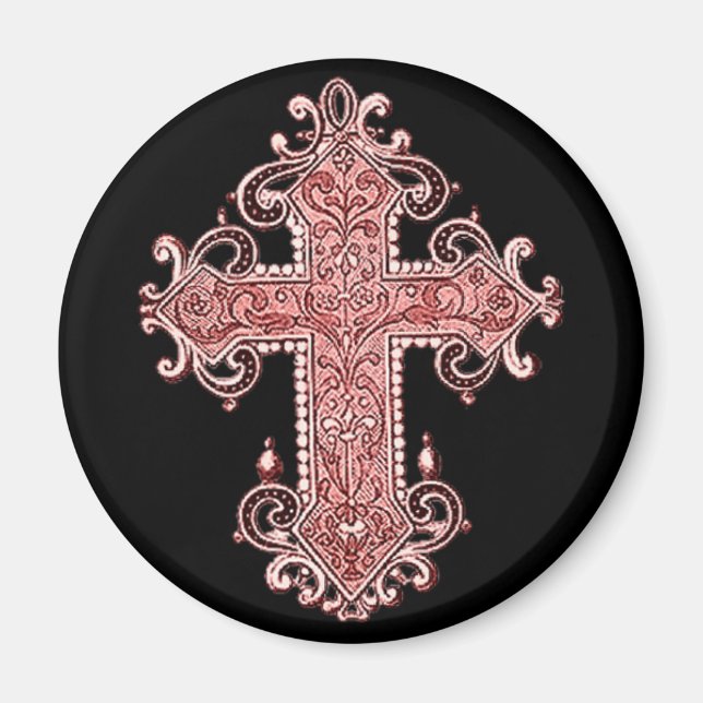 Burgundy Pink Cross Vintage Art Round Magnet! Magnet (Front)