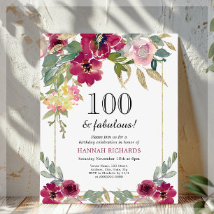 Burgundy Pink Floral 100th Birthday Invitation