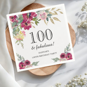 Burgundy Pink Floral 100th Birthday Napkin