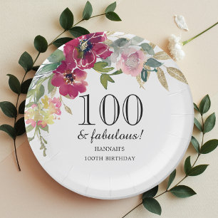Burgundy Pink Floral 100th Birthday Paper Plate
