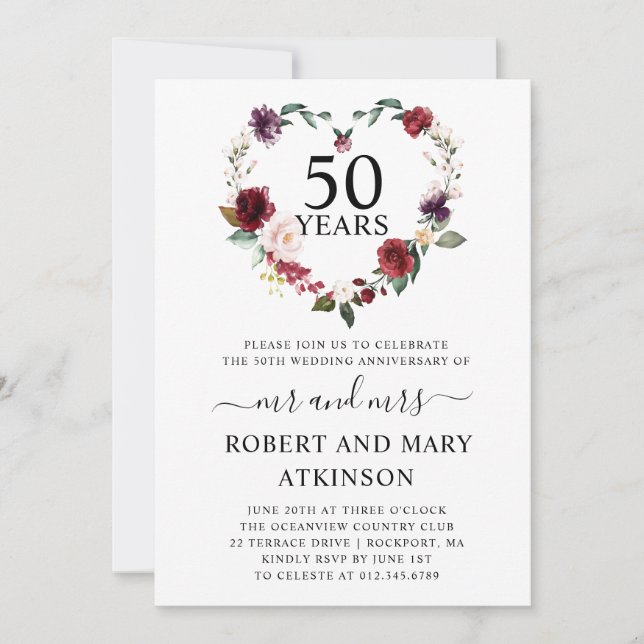 Burgundy Pink Floral 50th Wedding Anniversary Invi Invitation (Front)