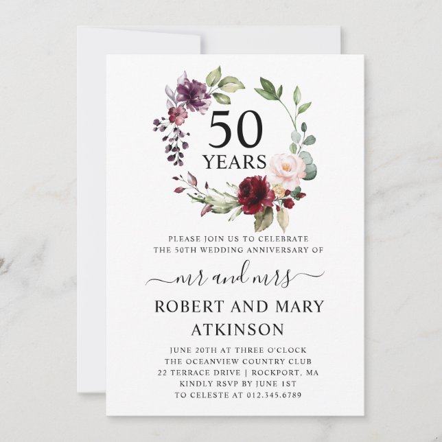 Burgundy Pink Floral 50th Wedding Anniversary Invitation (Front)