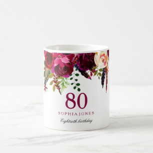 Burgundy Pink Floral 80th Birthday Guest Gift Coffee Mug