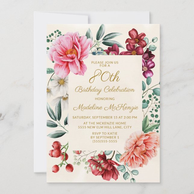 Burgundy Pink Floral 80th Birthday Invitation (Front)