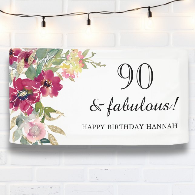 Burgundy Pink Floral 90th Birthday  Banner (Creator Uploaded)