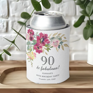 Burgundy Pink Floral 90th Birthday  Can Cooler