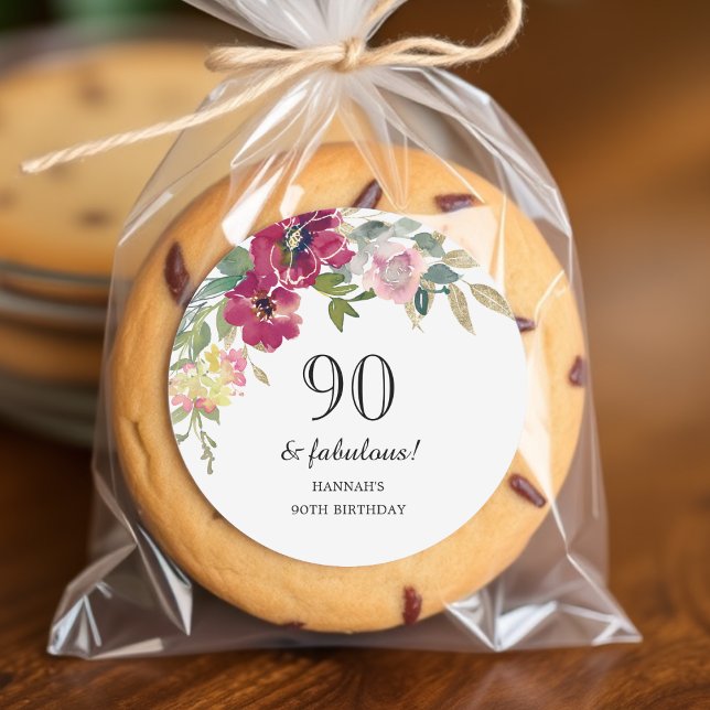 Burgundy Pink Floral 90th Birthday  Classic Round Sticker (Creator Uploaded)