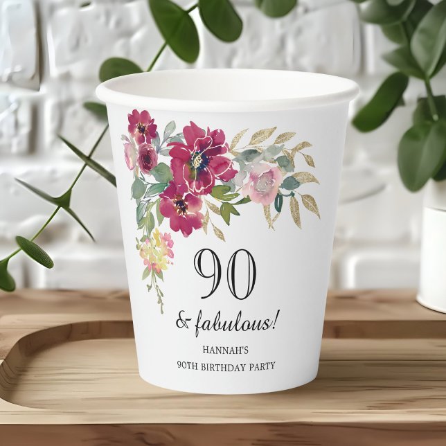 Burgundy Pink Floral 90th Birthday  Paper Cups (Creator Uploaded)