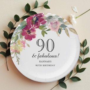 Burgundy Pink Floral 90th Birthday Paper Plate