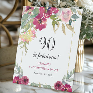 Burgundy Pink Floral 90th Birthday Pedestal Sign
