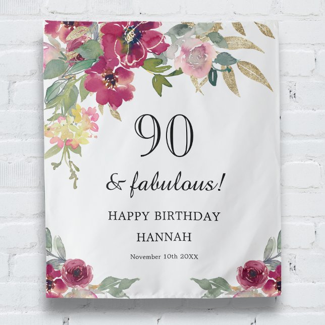 Burgundy Pink Floral 90th Birthday  Tapestry (Creator Uploaded)