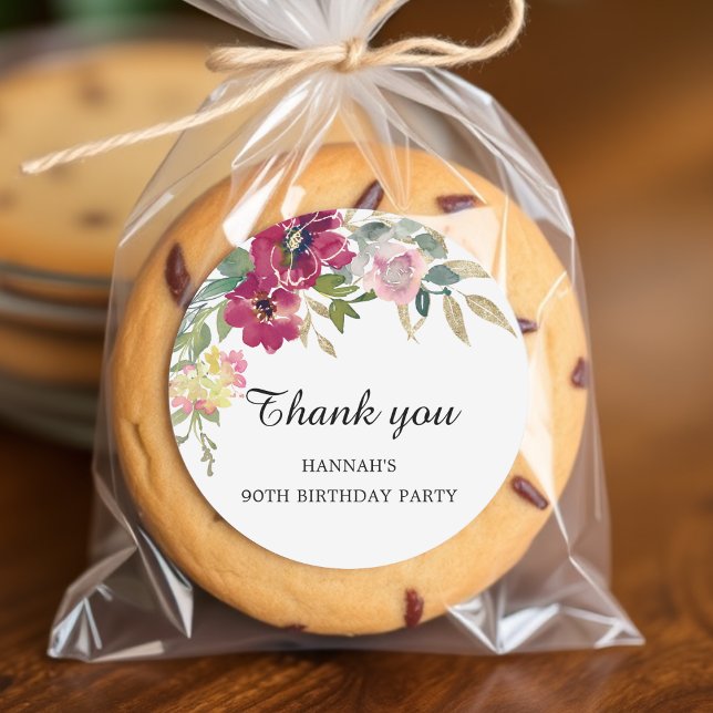 Burgundy Pink Floral 90th Birthday Thank you Classic Round Sticker (Creator Uploaded)