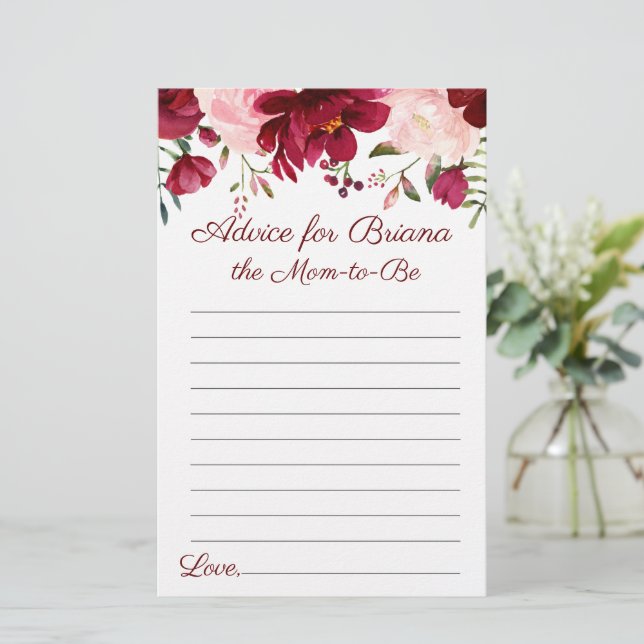 Burgundy Pink Floral Advice Baby Shower Game (Standing Front)