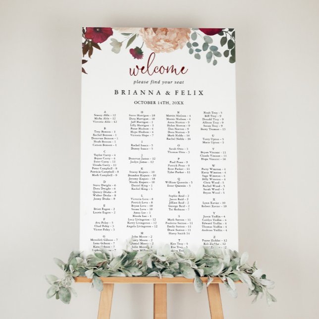 Burgundy Pink Floral Alphabetical Seating Chart (Creator Uploaded)