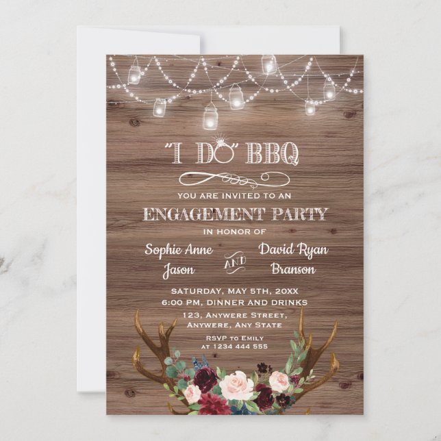 Burgundy Pink Floral Antlers I DO BBQ Engagement Invitation (Front)