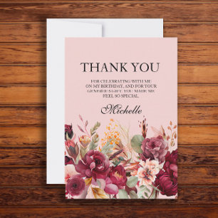 Burgundy Pink Floral Birthday  Thank You Card