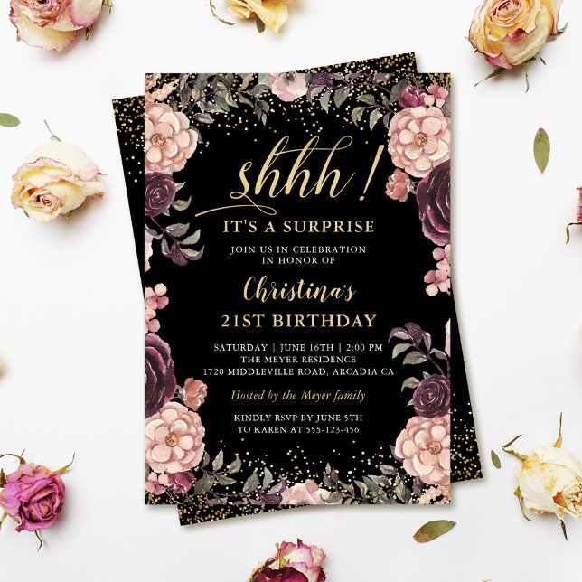 Burgundy Pink Floral Black Surprise Birthday Party Invitation (Creator Uploaded)