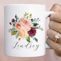 Burgundy Pink Floral Bouquet Script Name