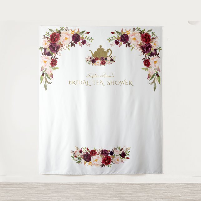 Burgundy Pink Floral Bridal Shower Tea Photo Booth Tapestry (Front)